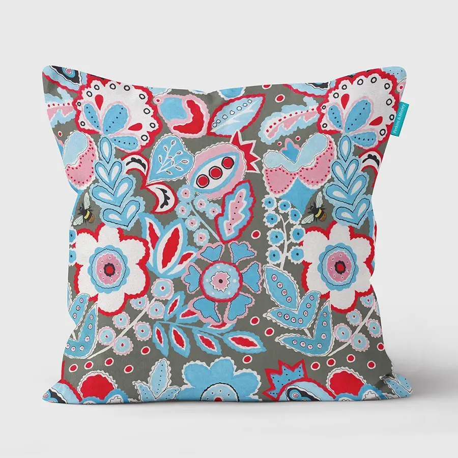 folksy grey Bee II cushion Perkins and Morley Designs