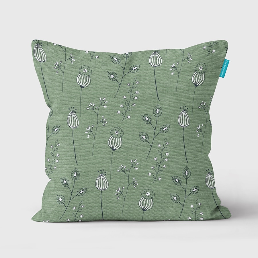 Poppies & Alliums green cushion