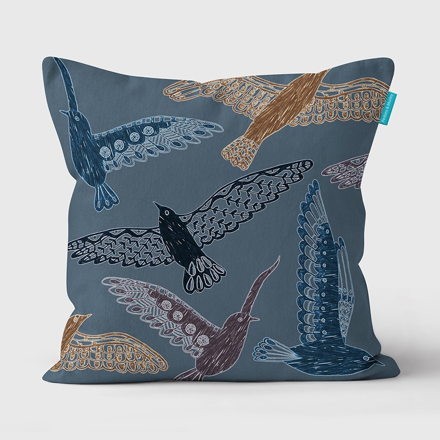 Scraffito Seagull blue cushion 