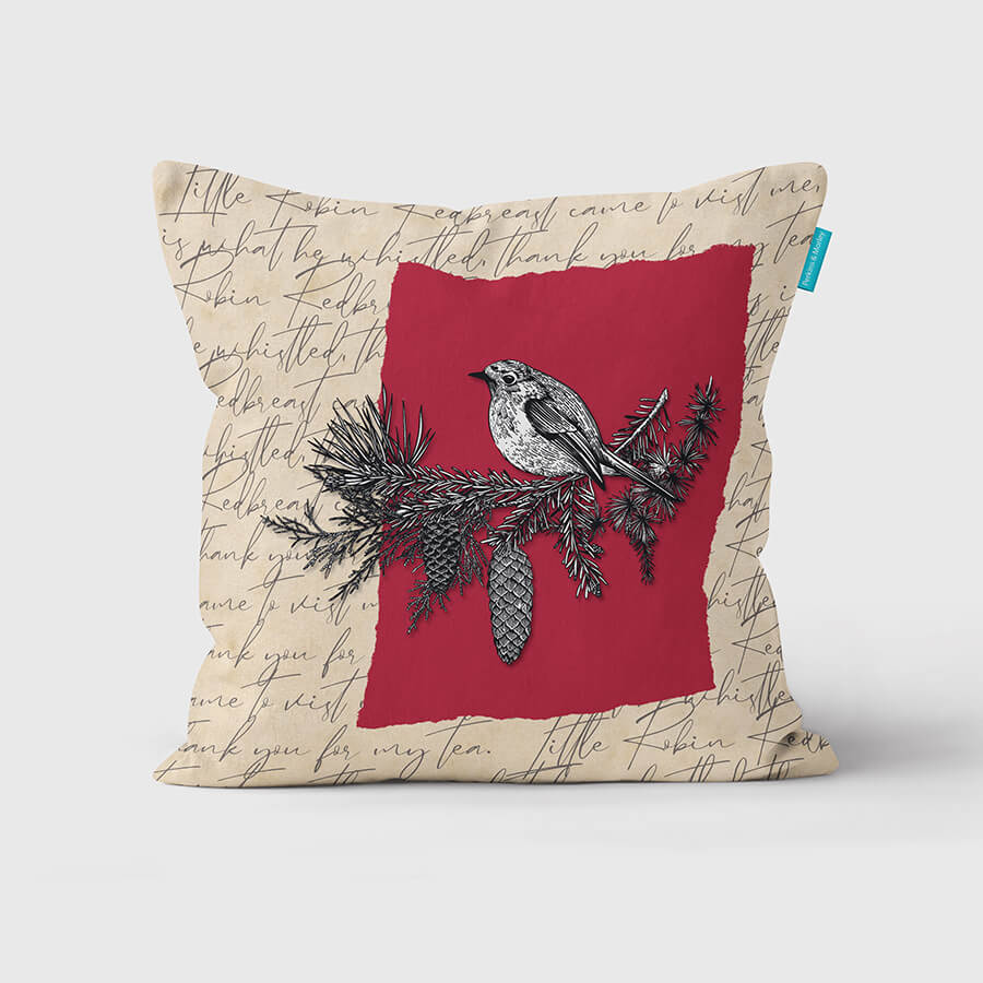 Winter Robin on Red Cushion